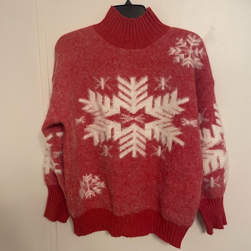 Cabincore Winter Red Snowflake Turtleneck Sweater Soft Cozy Size S/M Oversized - Picture 1 of 8